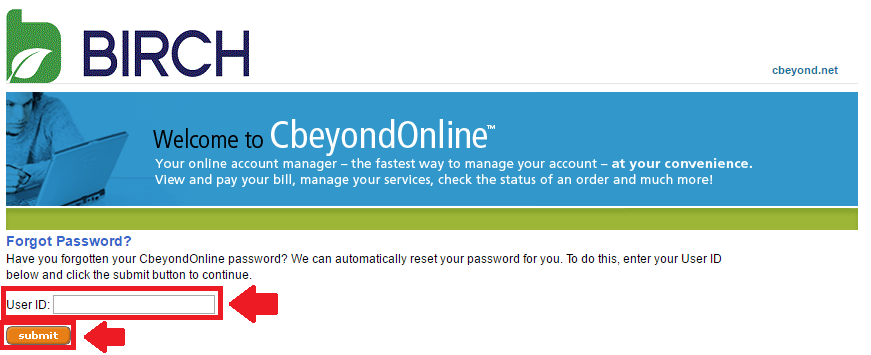 cbeyond password reset process screenshot