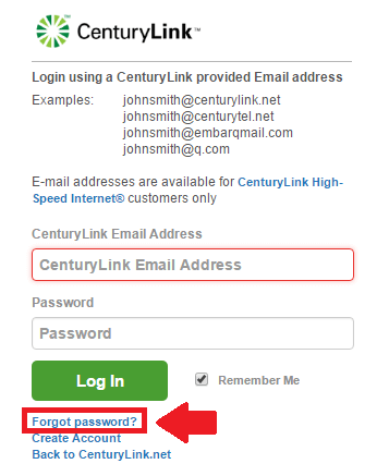 centurylink email forgot password link screenshot