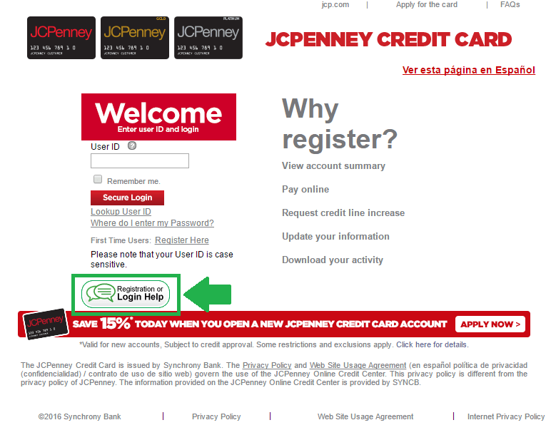 jcpenney credit card help button screenshot