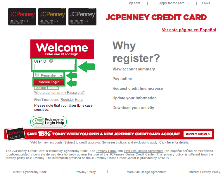 jcpenney credit card login page screenshot