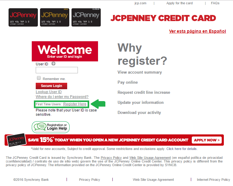 jcpenney credit card registration link screenshot