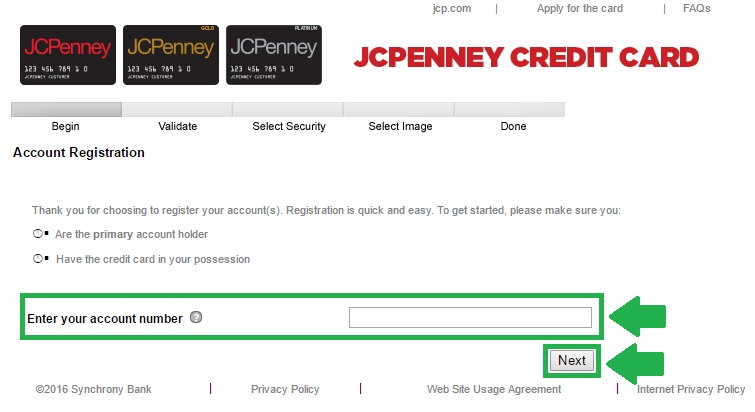 jcpenney credit card registration process screenshot