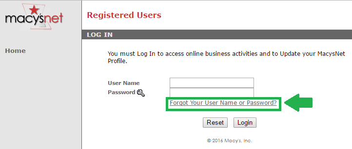 macysnet forgot password link screenshot