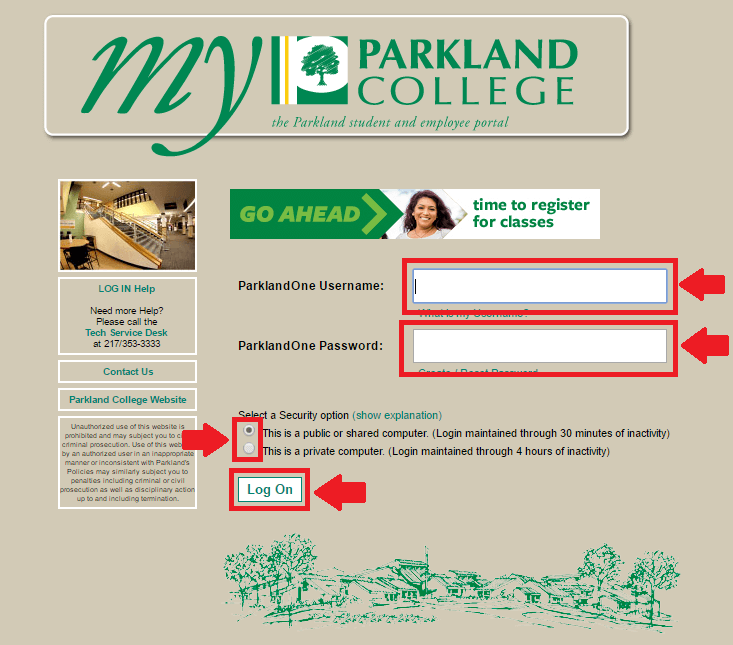 my parkland login process screenshot