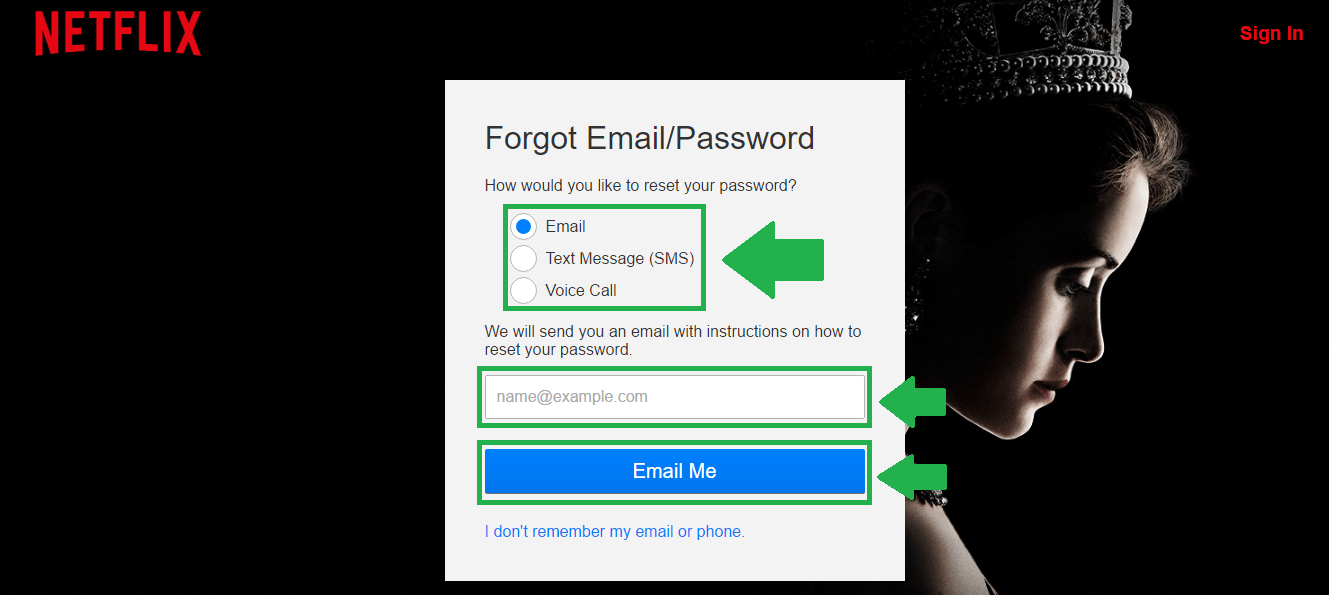 netflix forgot email or password process screenshot