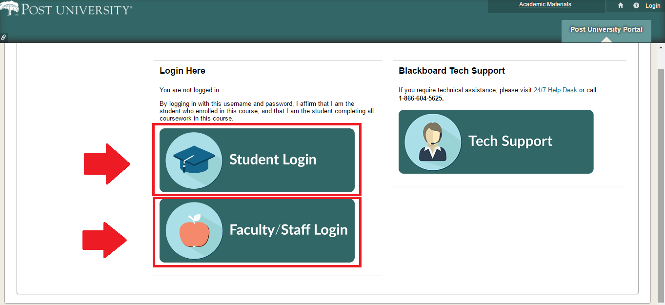 post university blackboard login page options screenshot