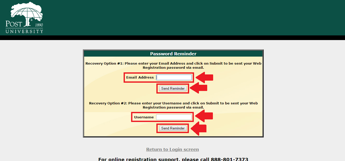 post university webreg forgot password process screenshot