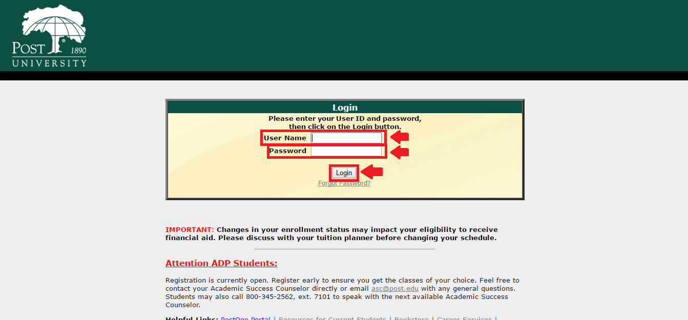 post university webreg login process screenshot