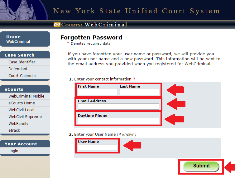 webcrims forgot user name or password process screenshot