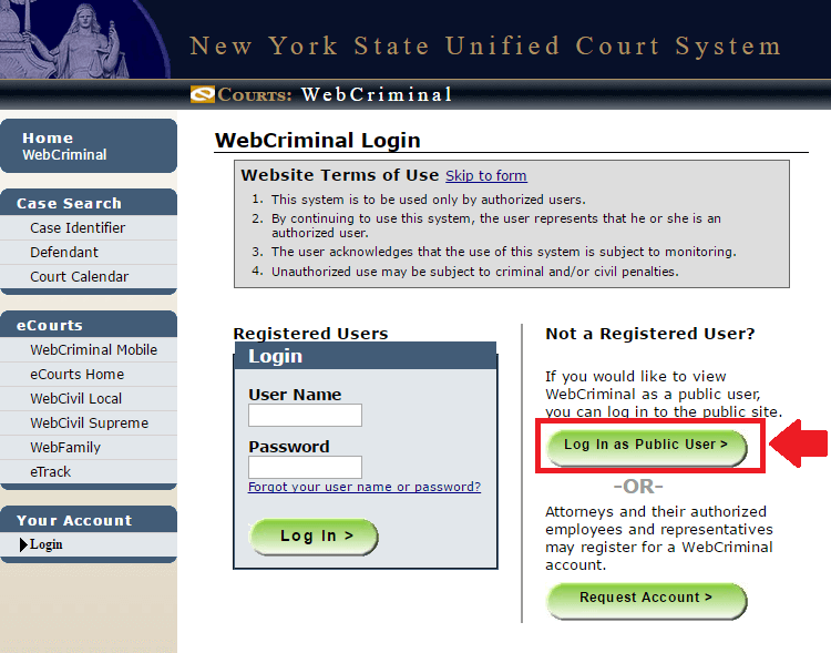 webcrims login as public user button screenshot