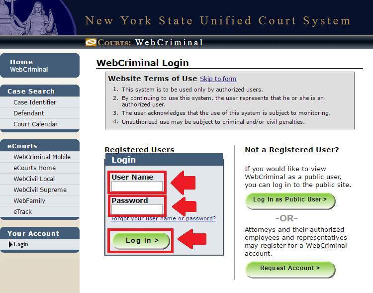 webcrims login process screenshot