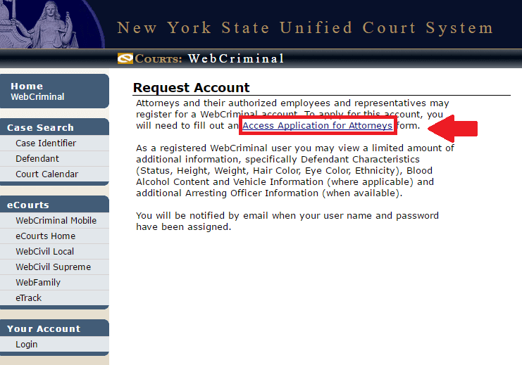 webcrims request account step 1 screenshot