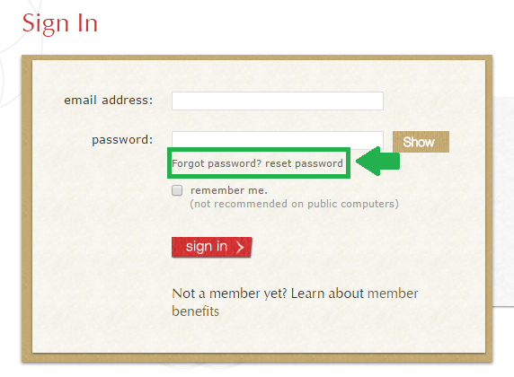 american greetings reset password link screenshot