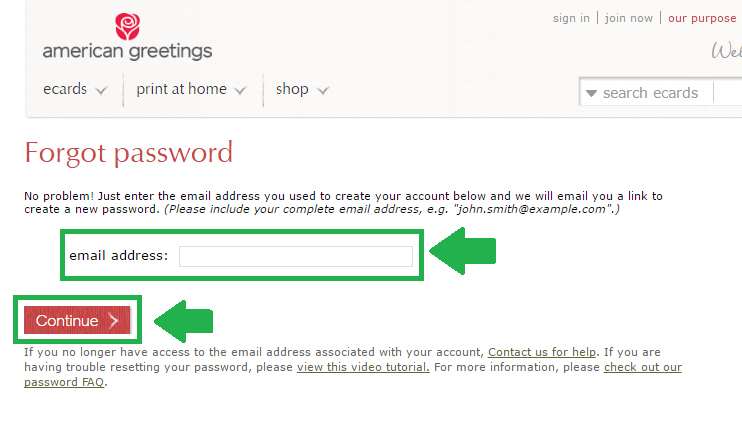 american greetings reset password process screenshot