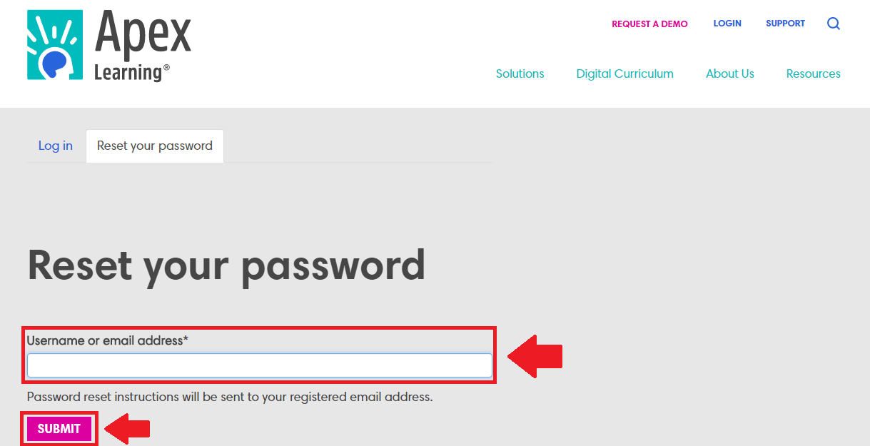 apex learning reset password process screenshot