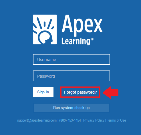 apexvs learning login forgot password button screenshot