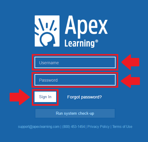 apexvs learning login process screenshot