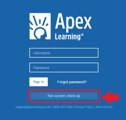 apexvs learning login run system check-up button screenshot