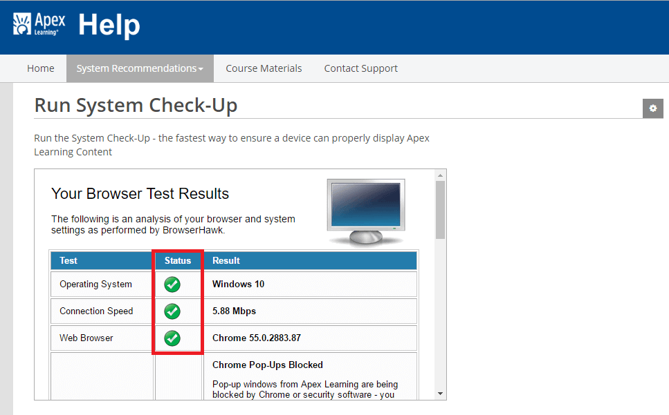 apexvs learning login run system check-up process screenshot