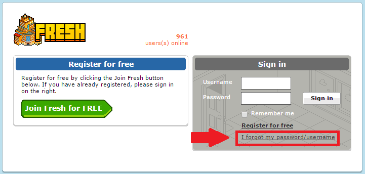 fresh hotel forgot password or username link screenshot
