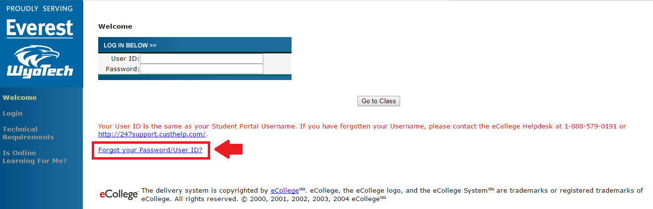 onlinecci forgot password or user id link screenshot