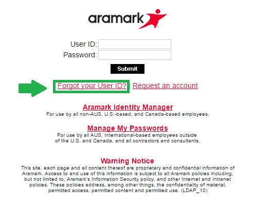 aramark forgot user id link screenshot