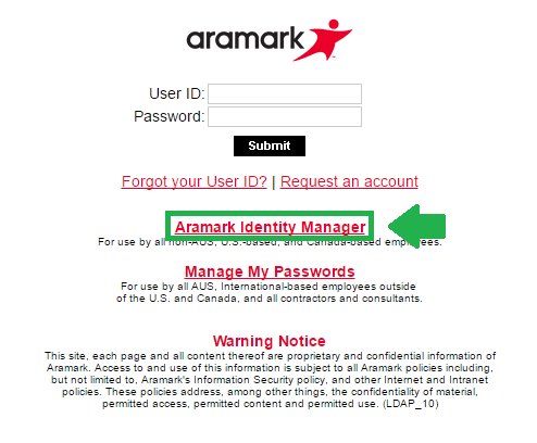 aramark identity manager link screenshot