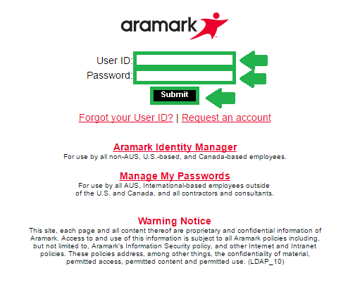 aramark login process screenshot