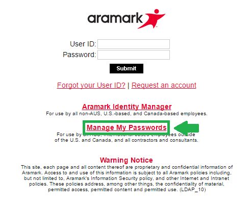 aramark manage my passwords link screenshot