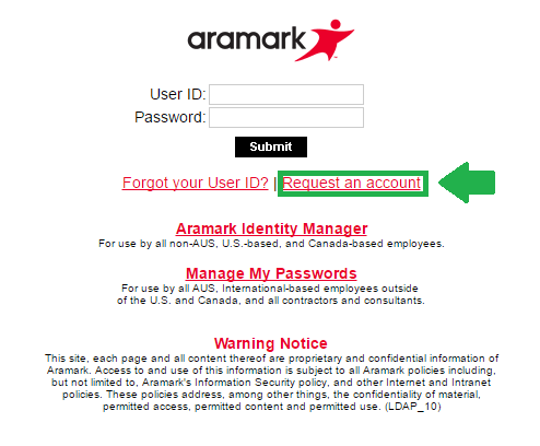 aramark request an account link screenshot