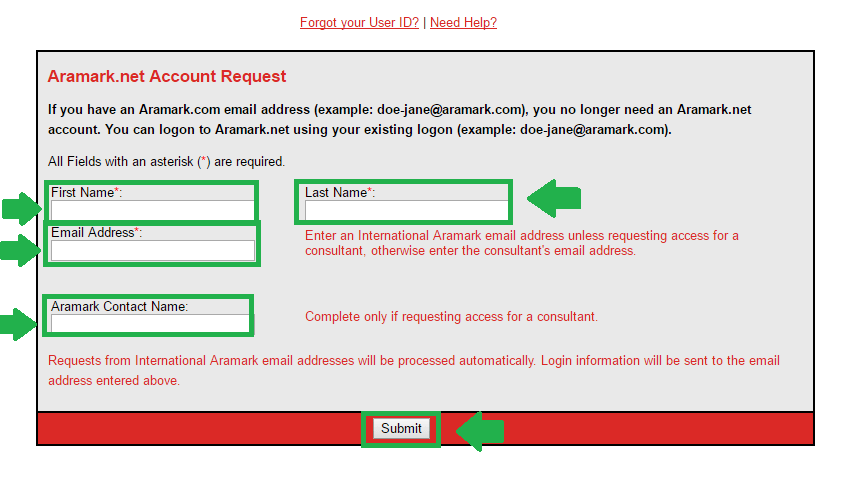 aramark request an account process screenshot