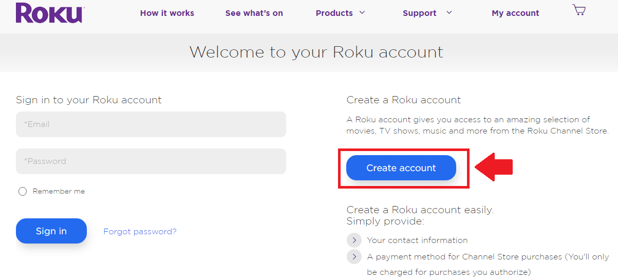 roku create account button screenshot
