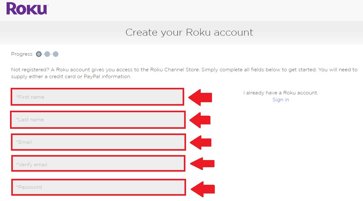 roku create account process step 1 screenshot