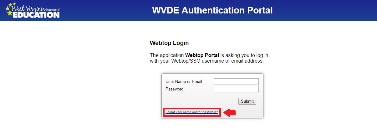 wvde webtop forgot password link screenshot